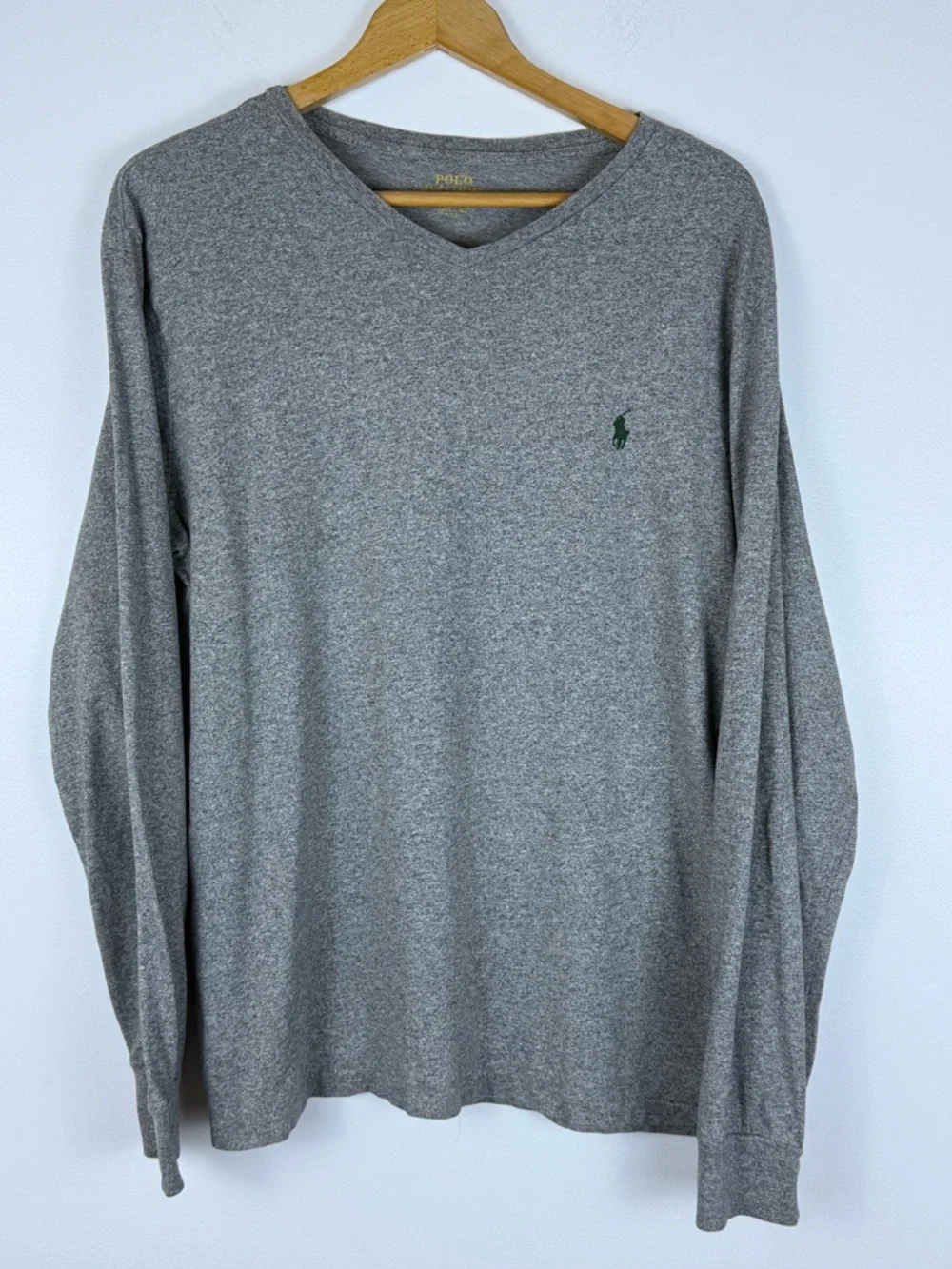Polo by Ralph‎ Lauren Gray V-Neck Shirt with Yellow Logo Print